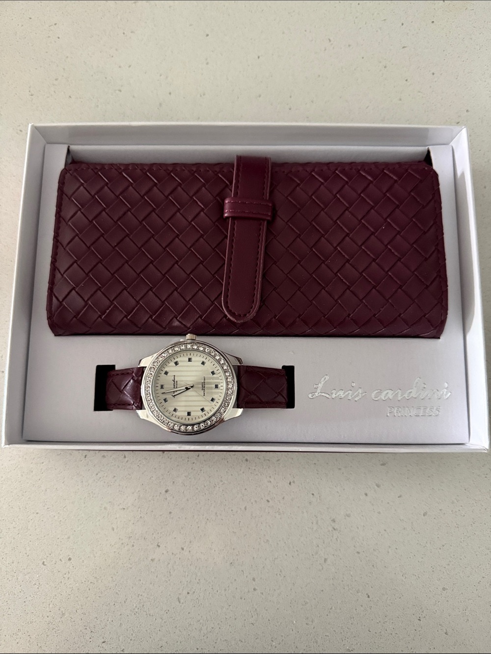 Burgundy Woven Leather Wallet and Matching Watch Set